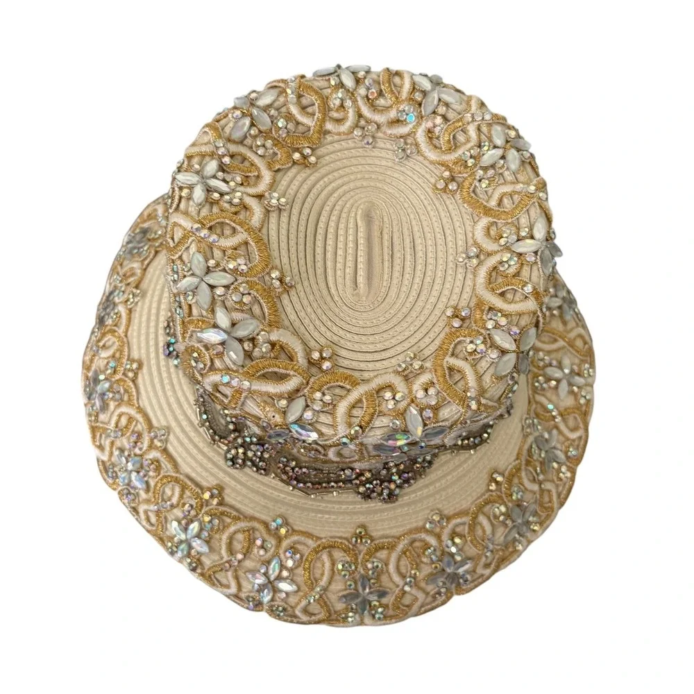 Vintage Shellie McDowell Heavily Embellished Gold Cream Lace Church Dress Hat